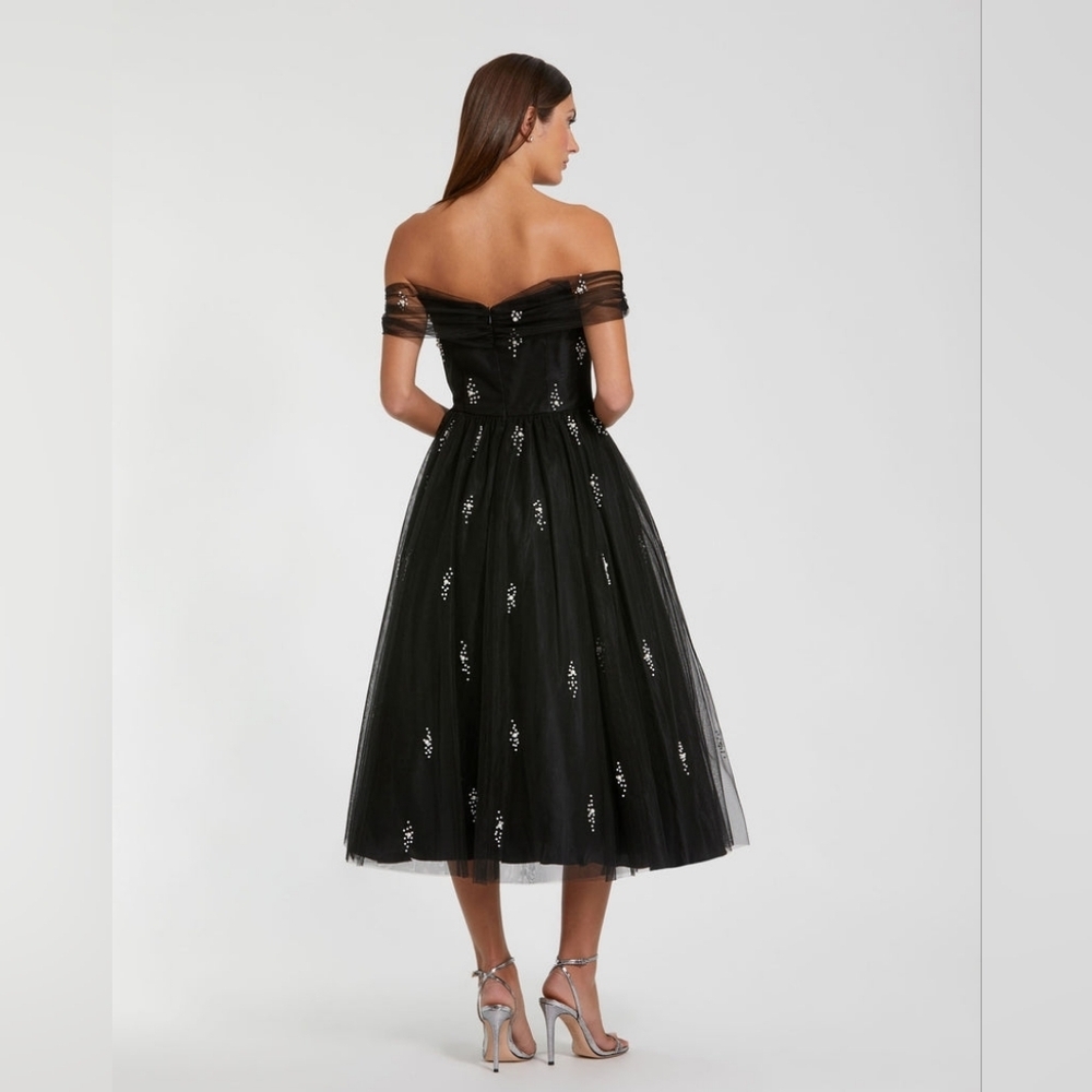NWT Mac Duggal Black Embellised Tull Off The Shoulder Midi Dress Sz 2 - Picture 5 of 13